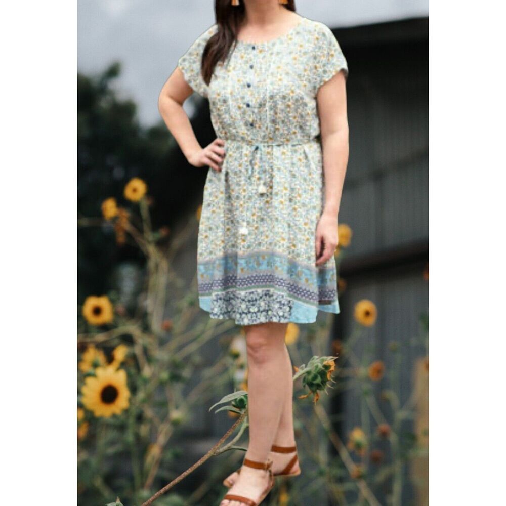 Matilda Jane Womens Blue Yellow Floral Short Sleeve Tassel Tie Rayon Dress M NWT